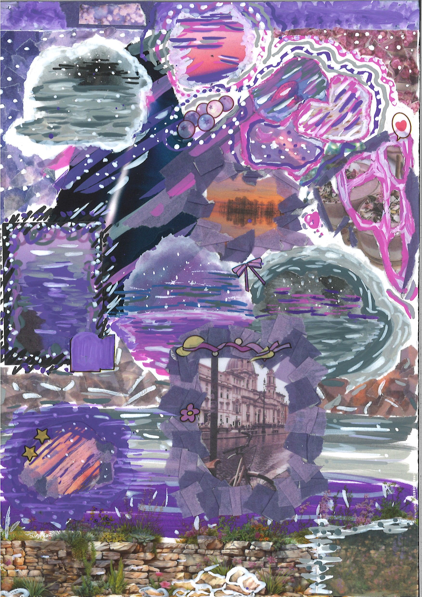Mixed-media collage with purple and pink painted swirls, torn paper, a building, stone wall, stars, and cosmic shapes.
