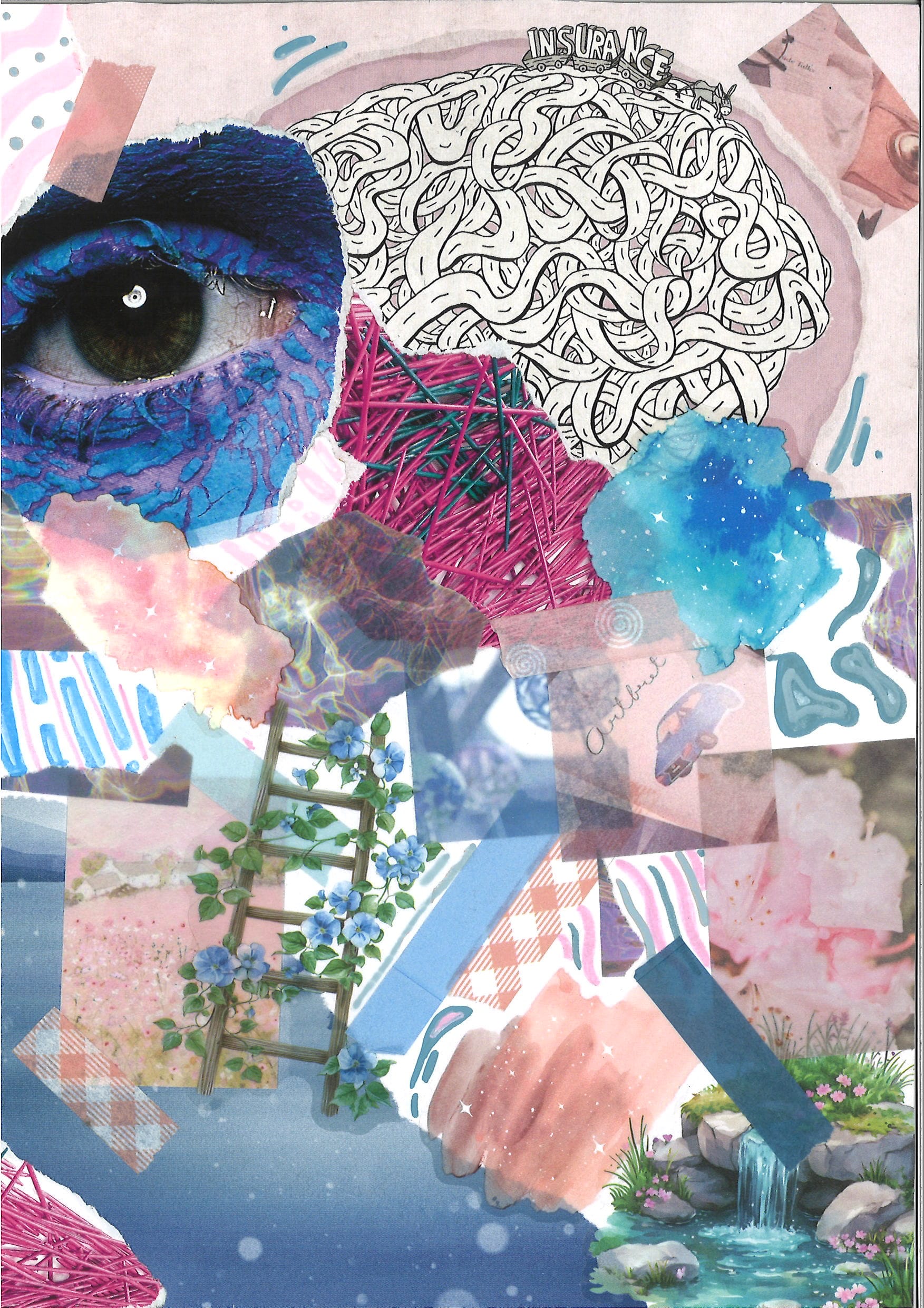 Colorful mixed-media collage featuring a large eye, a drawn brain labeled "Insurance," a ladder with blue flowers, and a small waterfall.