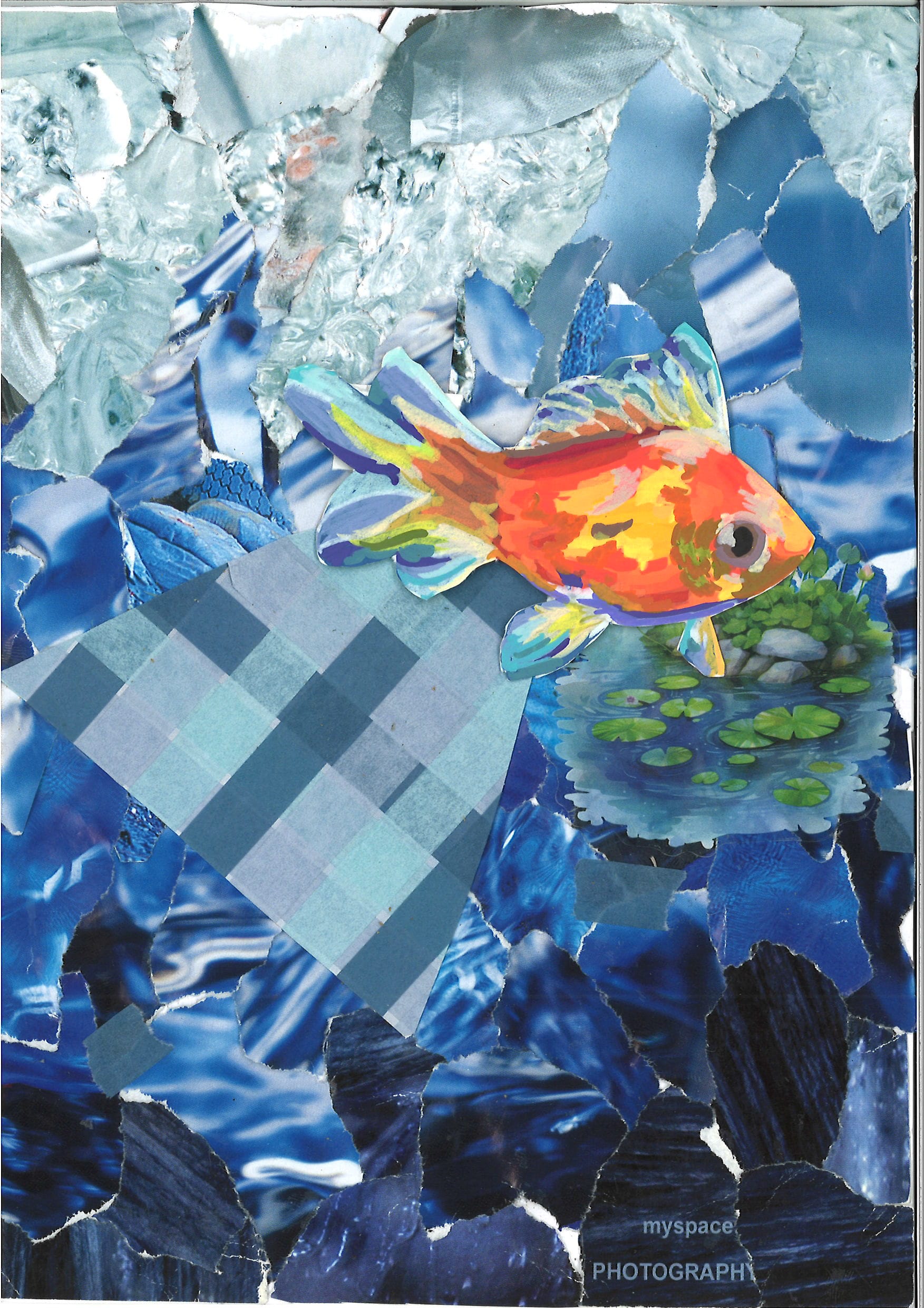 A colorful painted fish with orange and yellow tones floats over a blue torn-paper collage with lily pads nearby.