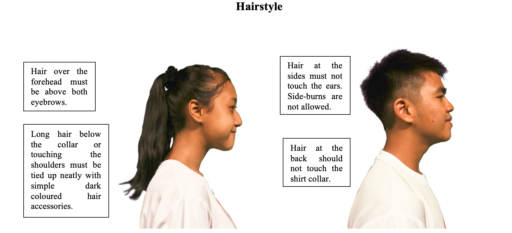 Hairstyle guide showing a girl with a ponytail and a boy with short hair, both in side profile, with labeled rules.