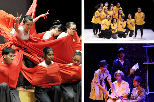 Three student performance scenes: a red fabric dance, a group in yellow shirts, and a dramatic stage play with hats.