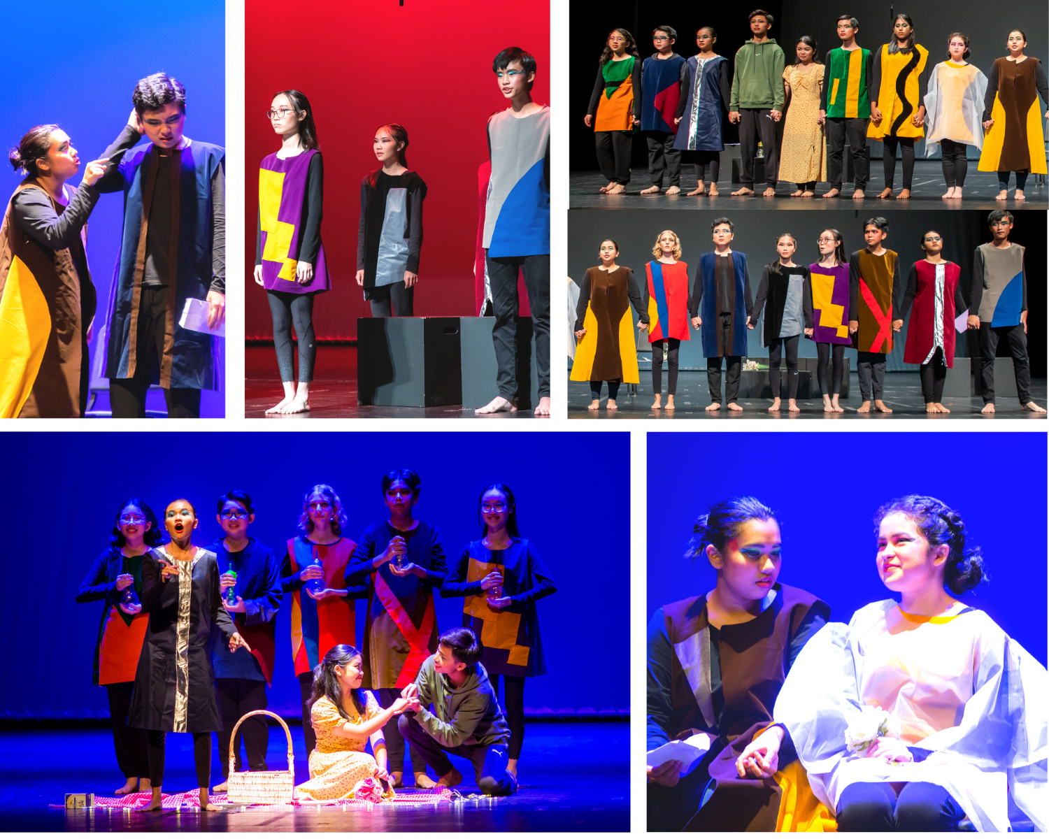 Five stage performance scenes showing young actors in colorful geometric costumes under blue and red theatrical lighting.