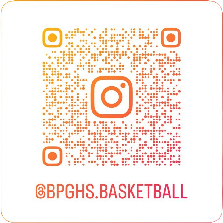 Orange and red QR code with an Instagram icon in the center, linking to @BPGHS.BASKETBALL.