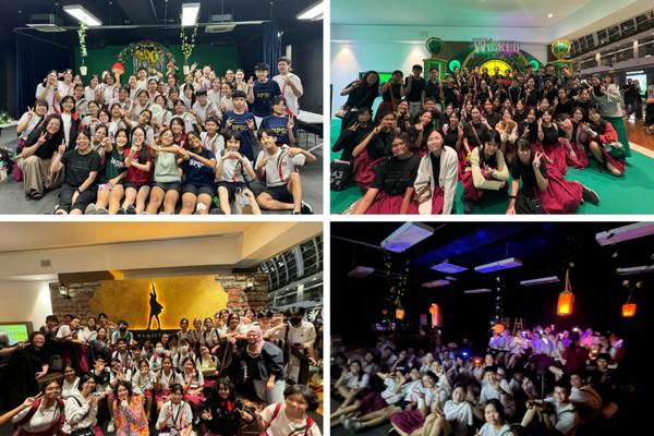 Four group photos of students at events, including themed performances with decorative backdrops and a dimly lit venue.