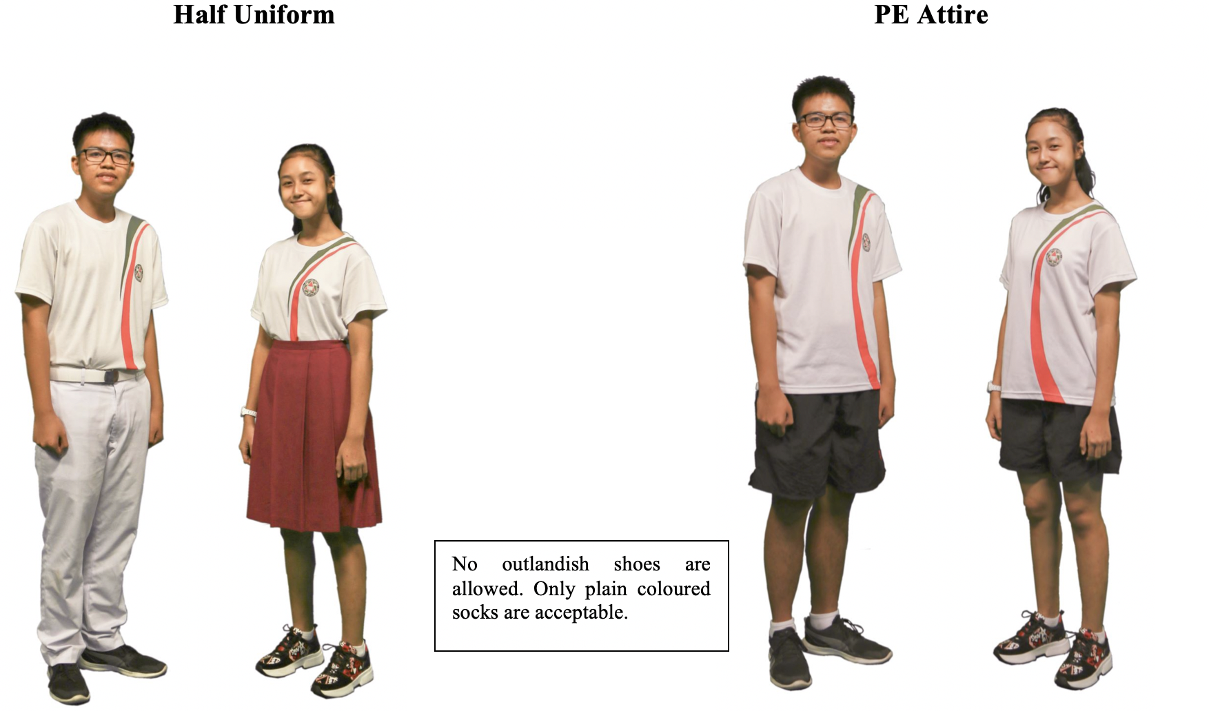 Four students showing half uniform and PE attire options, with a note about plain socks and no outlandish shoes.