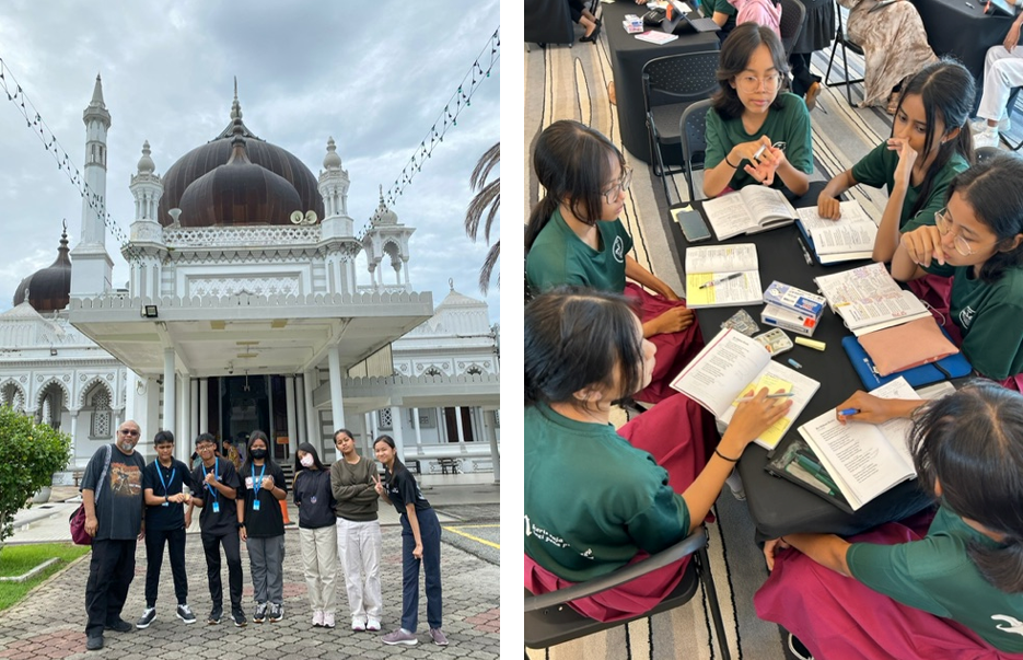 A group poses before a white mosque; separately, students in green uniforms study together around a table with books.