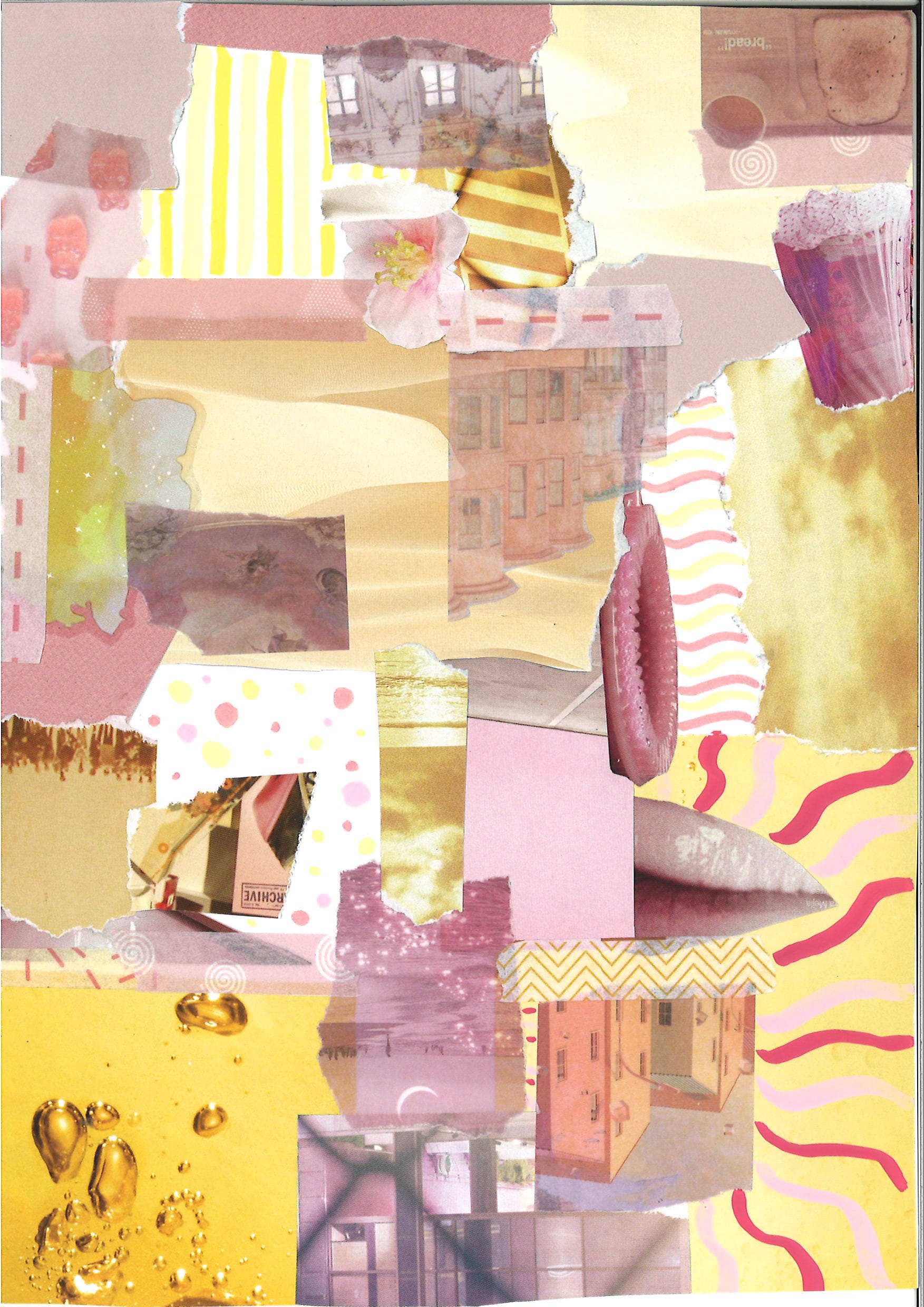 A mixed-media collage with torn paper pieces in pink and yellow, featuring buildings, a flower, lips, stripes, and polka dots.