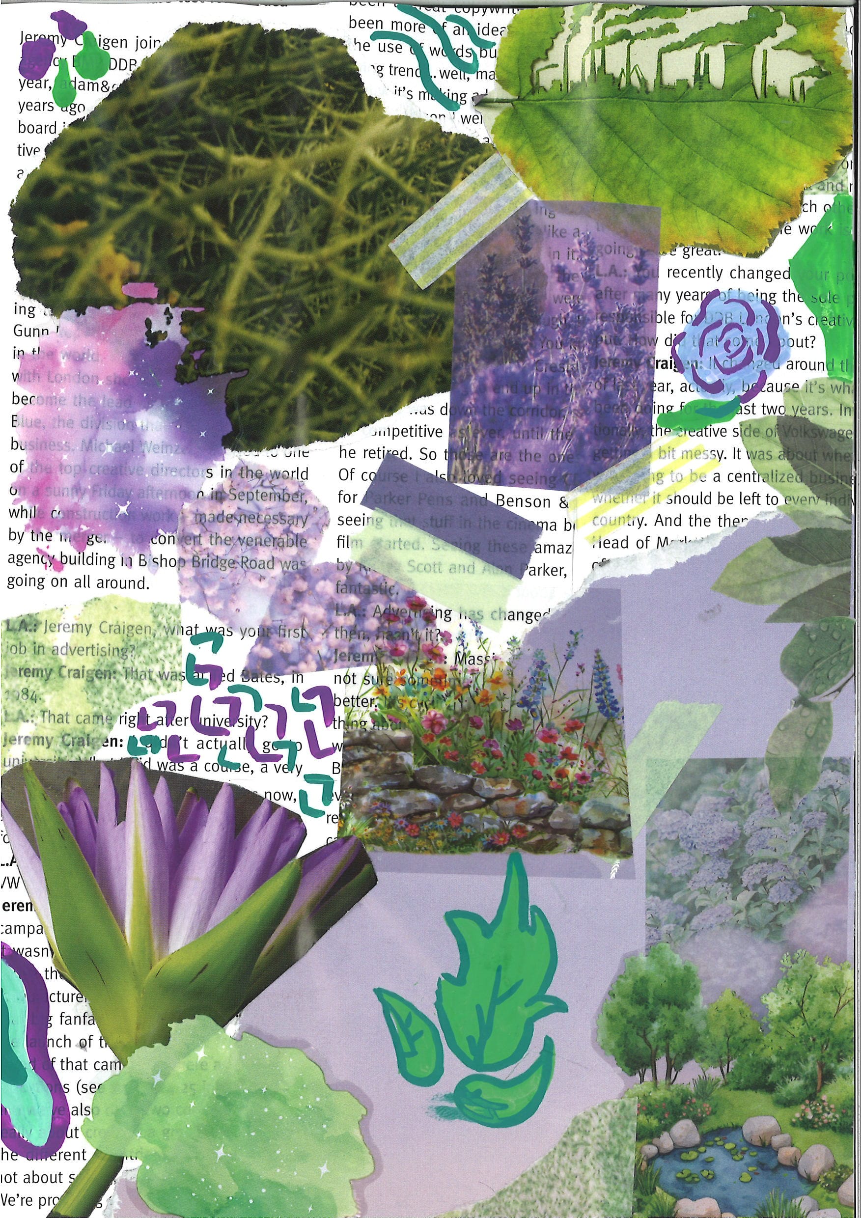 Mixed-media collage with magazine text, plant photos, flower illustrations, and painted green leaf shapes on purple background.