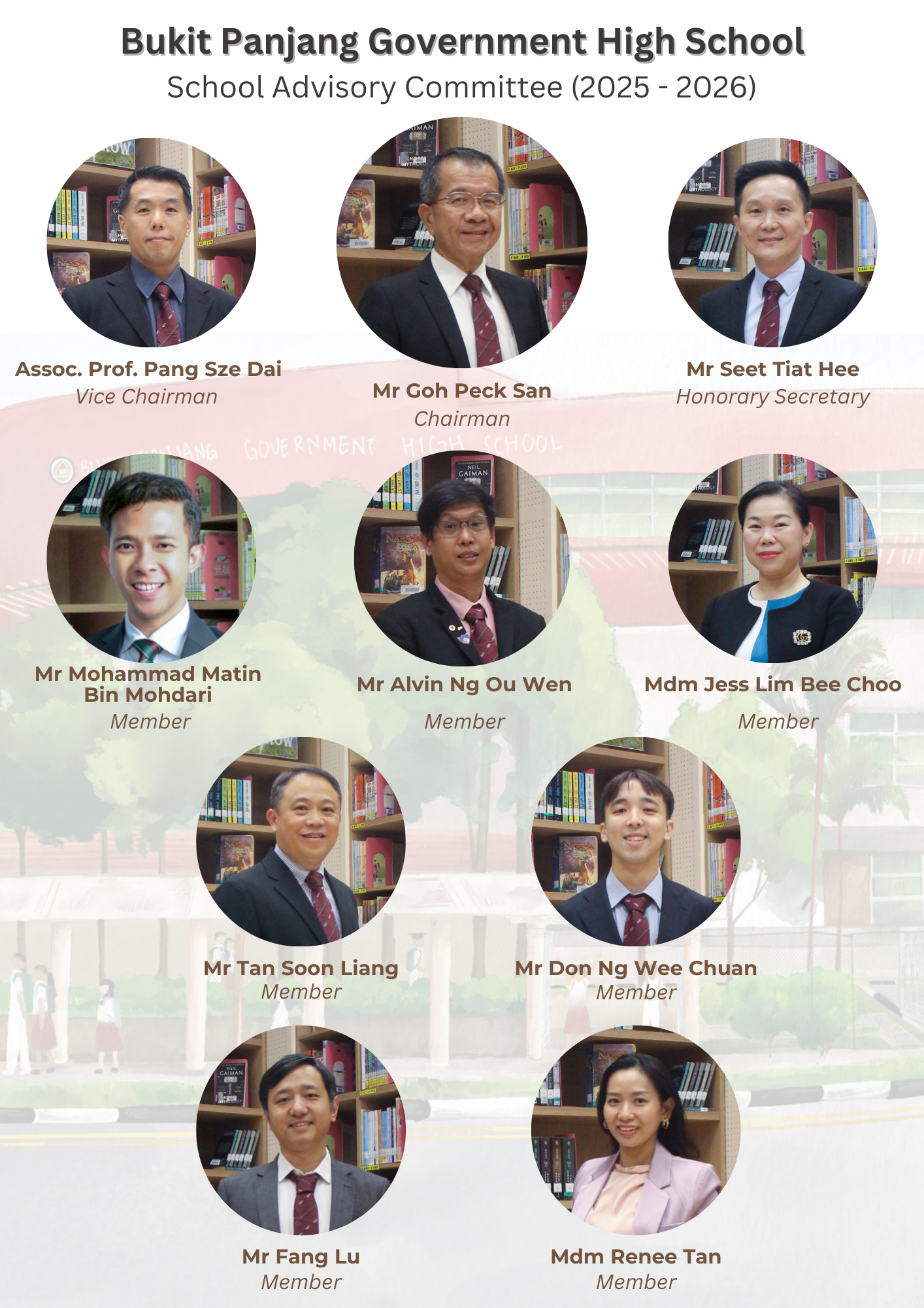 Bukit Panjang Government High School Advisory Committee 2025-2026 with ten named members shown in circular portraits.