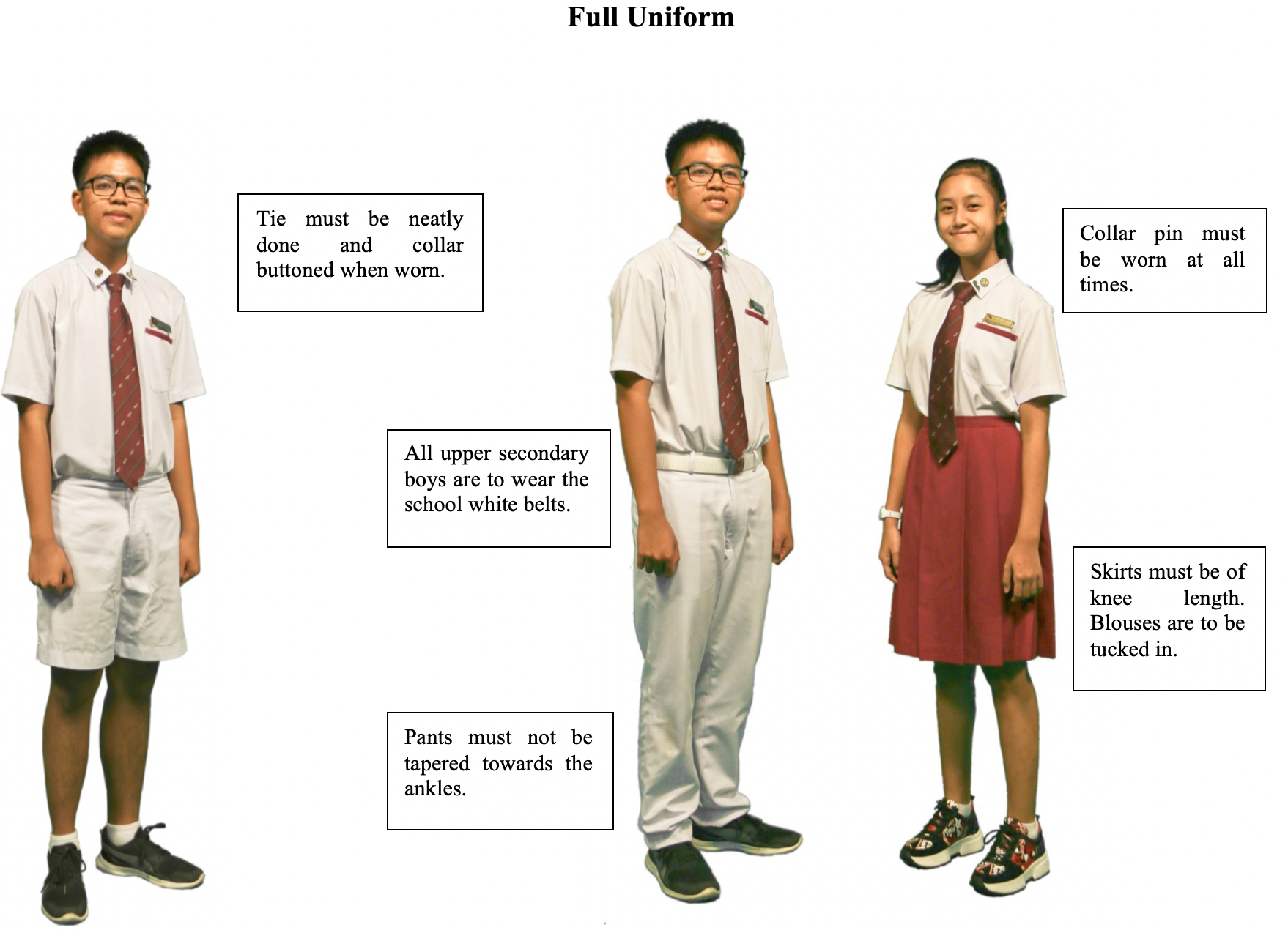 Three students in full school uniform with labeled guidelines for tie, belt, pants, skirt, and collar pin rules.