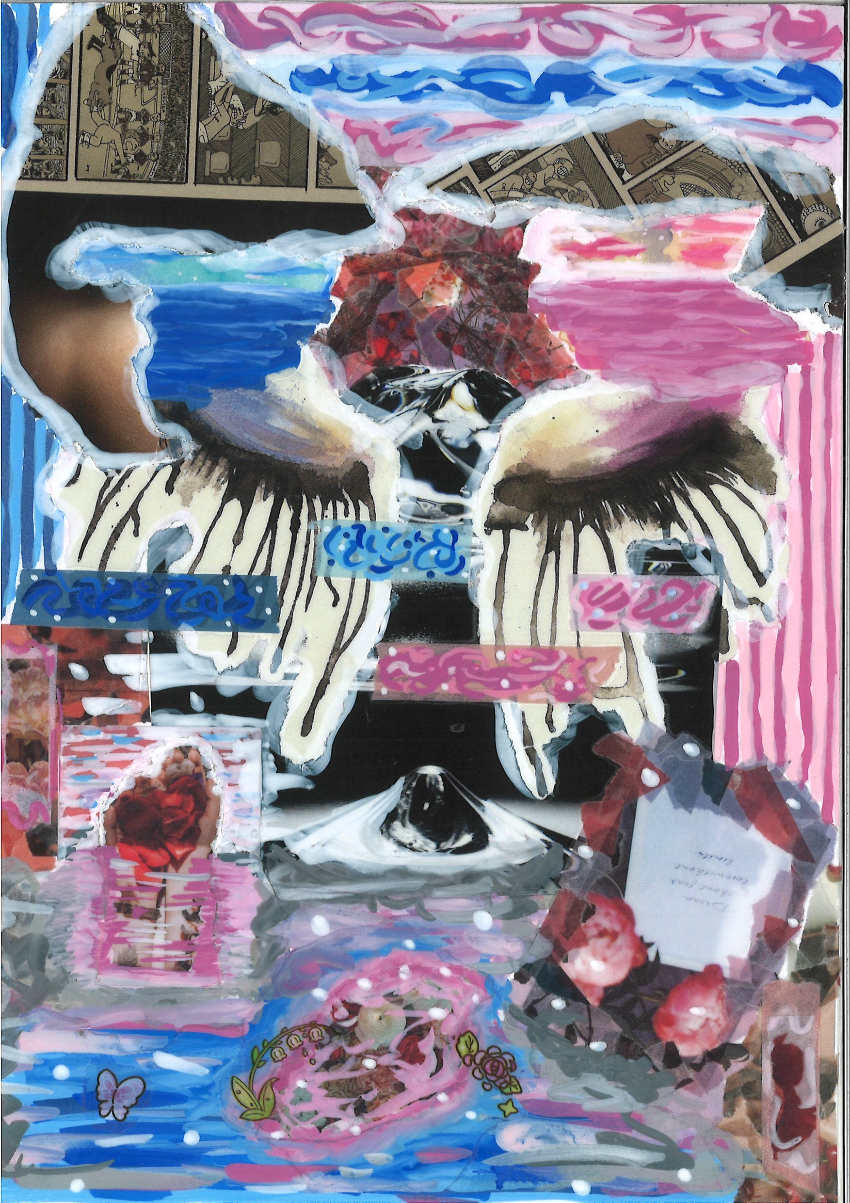Mixed-media collage with painted closed eyes, pink and blue brushstrokes, comic strips, roses, and decorative text elements.