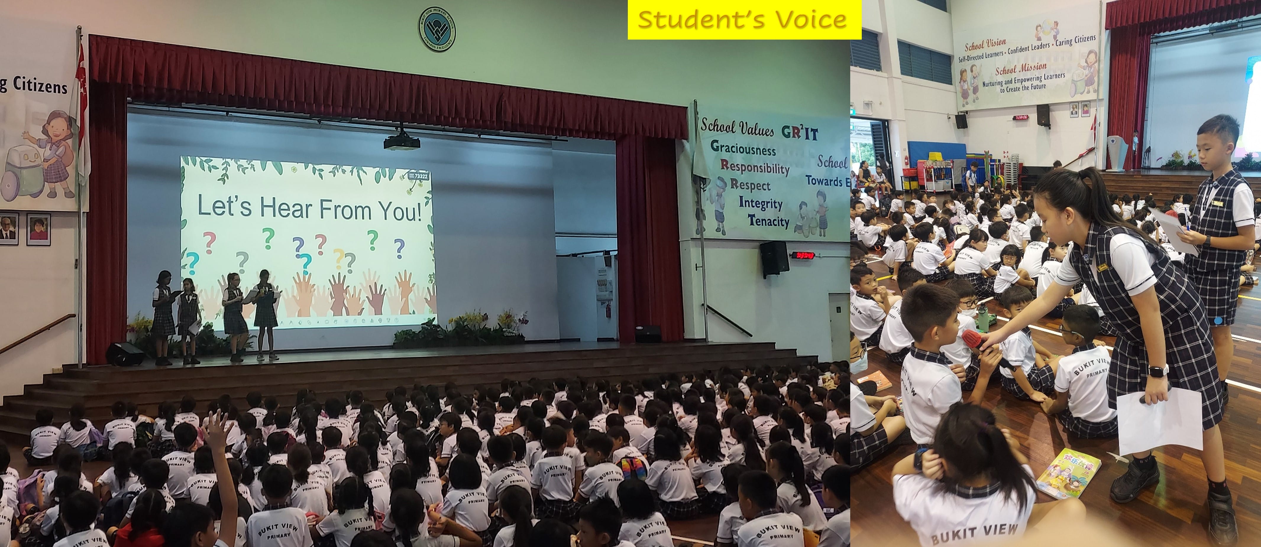 Students watching peers present on stage with a "Let's Hear From You" slide.