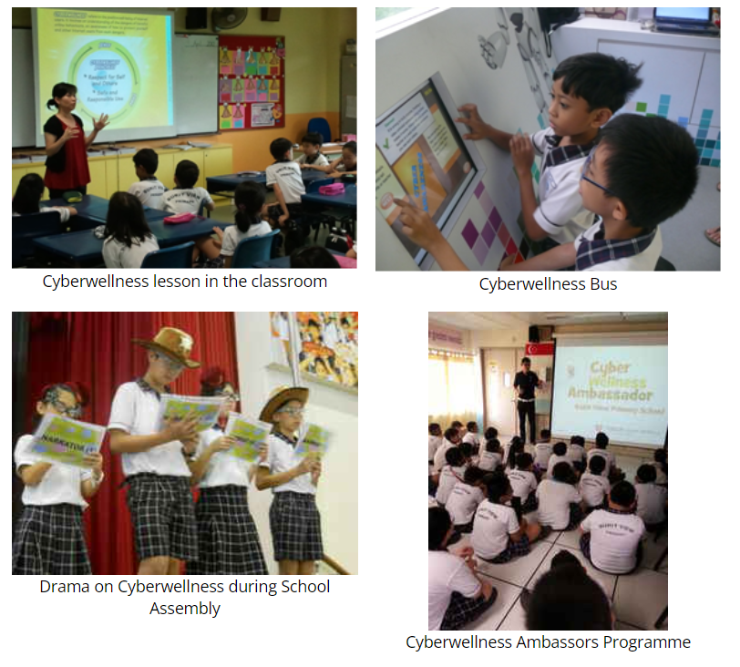 Four photos show students participating in Cyberwellness activities: classroom lesson, interactive bus, drama, and ambassador programme.