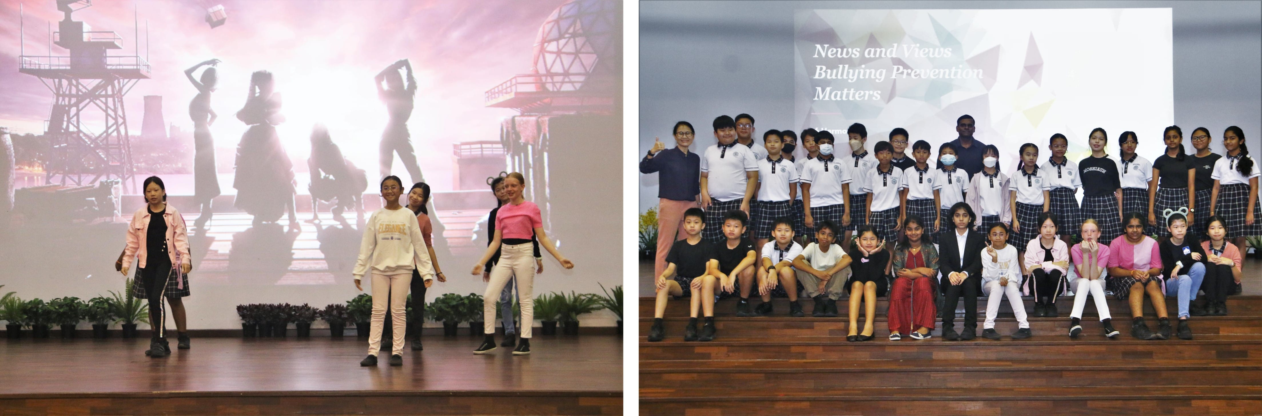 Students performed a skit and posed together on stage for a bullying prevention presentation.