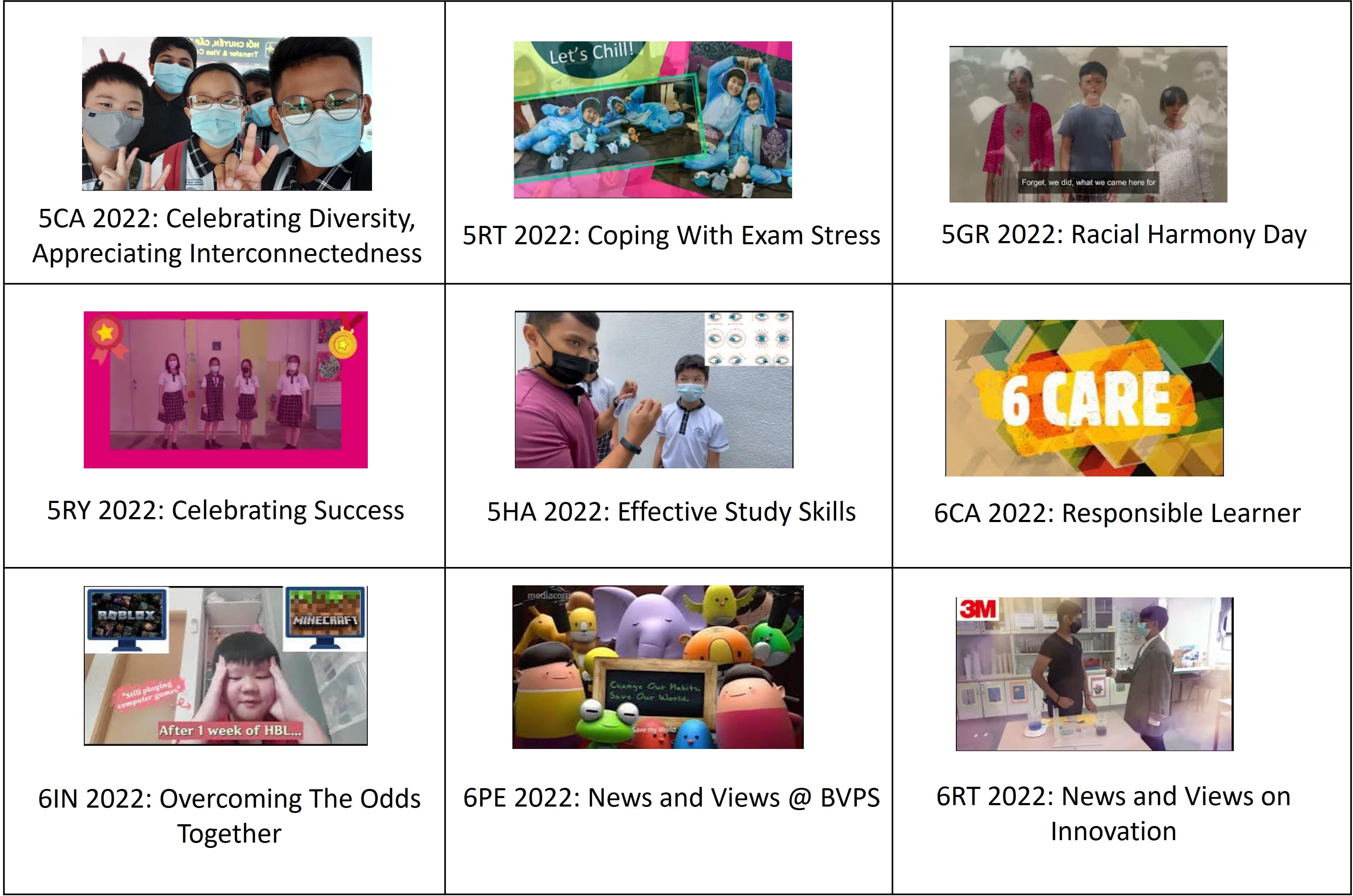 Nine school video thumbnails from 2022 covering topics like diversity, exam stress, study skills, and innovation