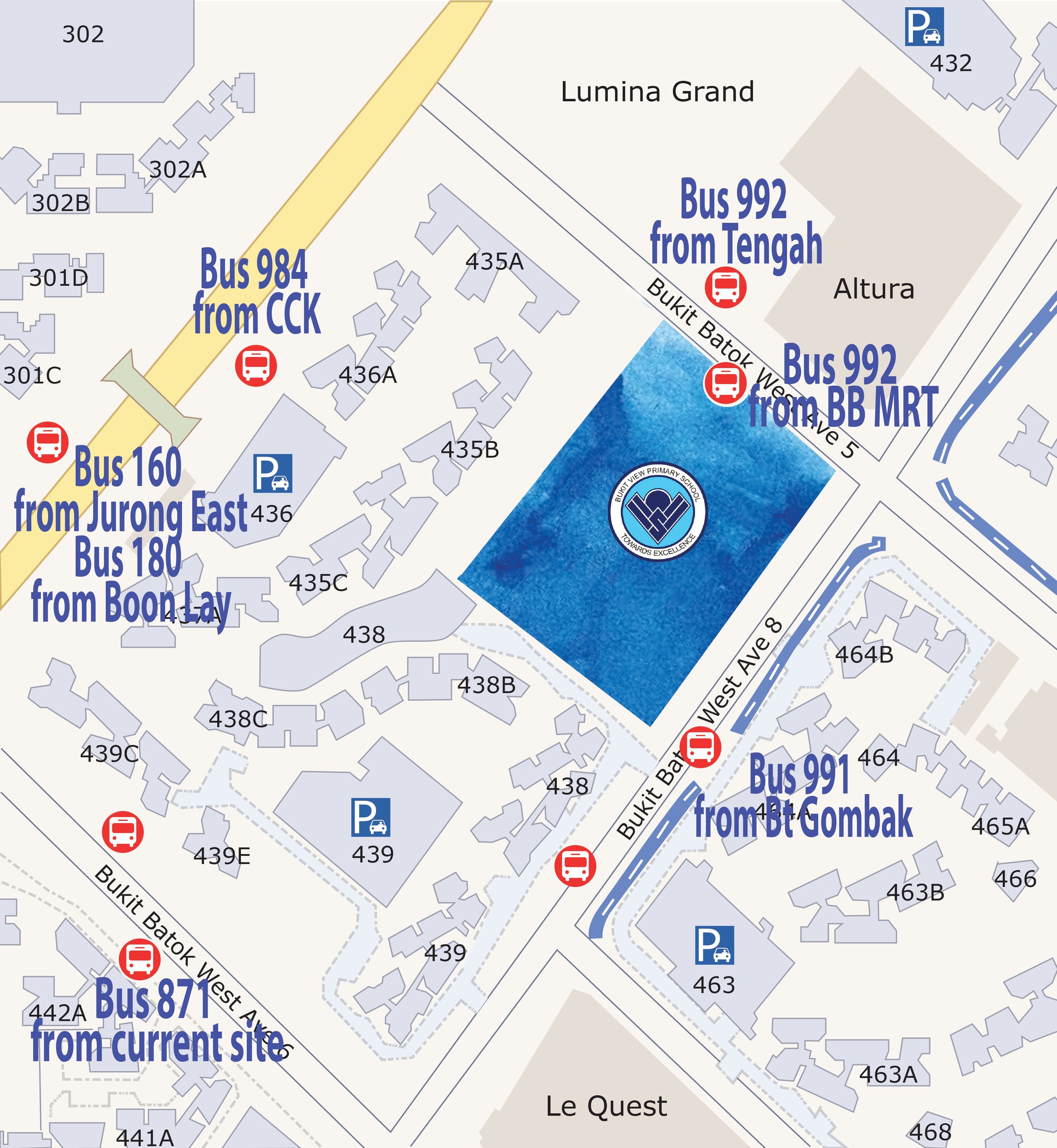 Street map highlighting bus stops and corresponding bus services serving in the vicinity of the new campus at Bukit Batok West