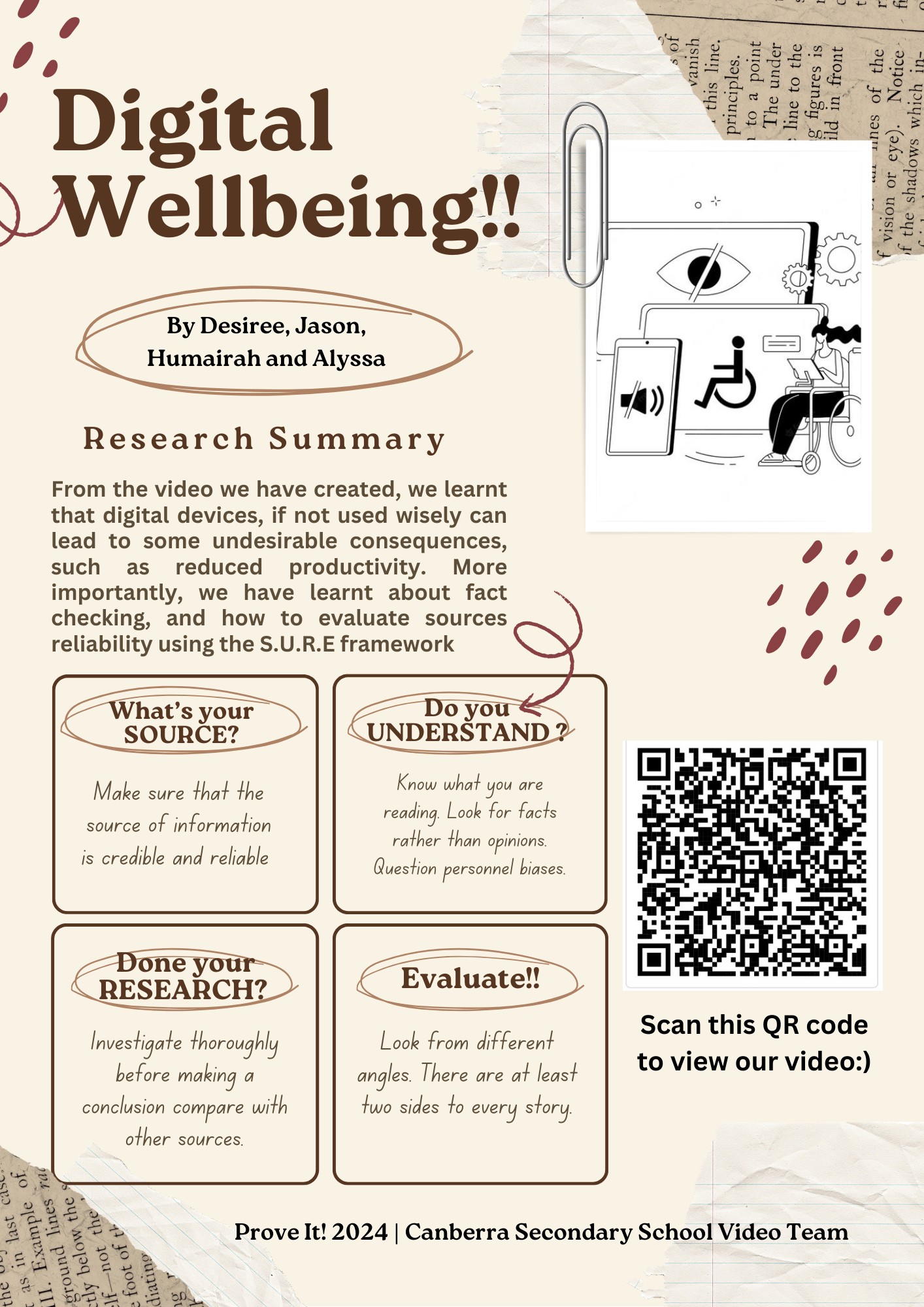 Poster titled Digital Wellbeing explaining the S.U.R.E framework with four text boxes and a QR code.