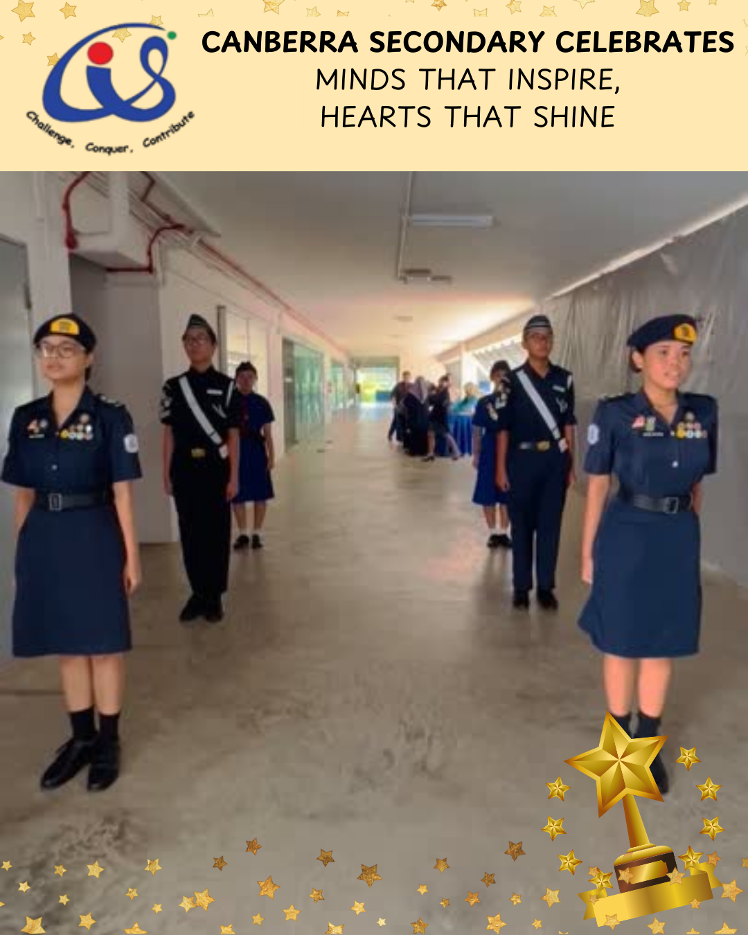 Students from uniform groups stand in the hallway