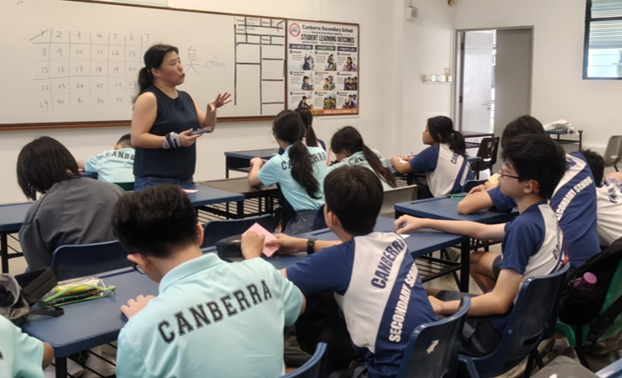 A teacher in a dark blue sleeveless top stands at the front of a Canberra Secondary School classroom, gesturing as she addresses students. A whiteboard with numbers and Chinese characters is behind her, alongside a "Student Learning Outcomes" display board.