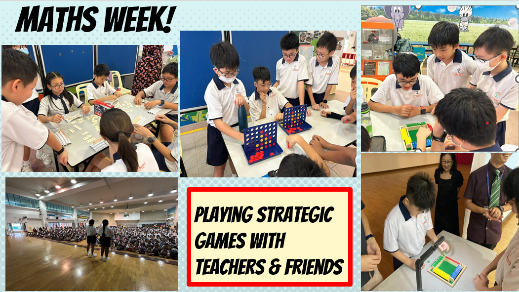 A Maths Week collage showing students playing strategic board games with teachers and friends at school.