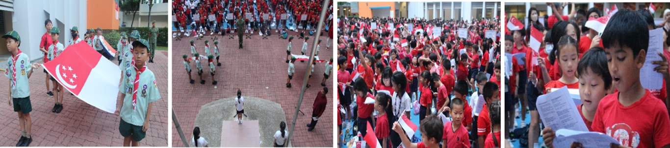 Students in red shirts and scout uniforms participate in a Singapore National Day school celebration, holding flags and singing.