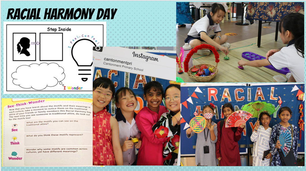 Students celebrate Racial Harmony Day with activities, traditional attire, fans, and cultural crafts
