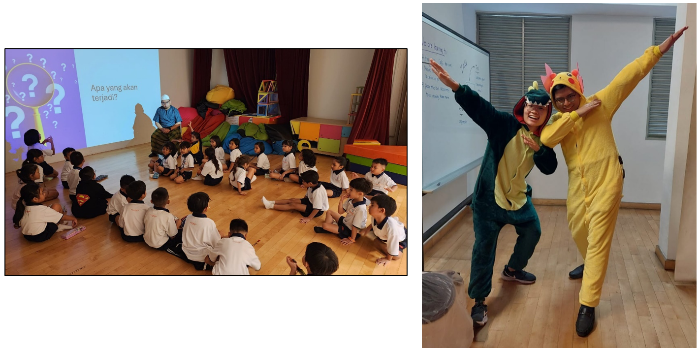 Children sit on a floor watching a presentation; two adults in dinosaur and Pikachu costumes pose in a classroom.
