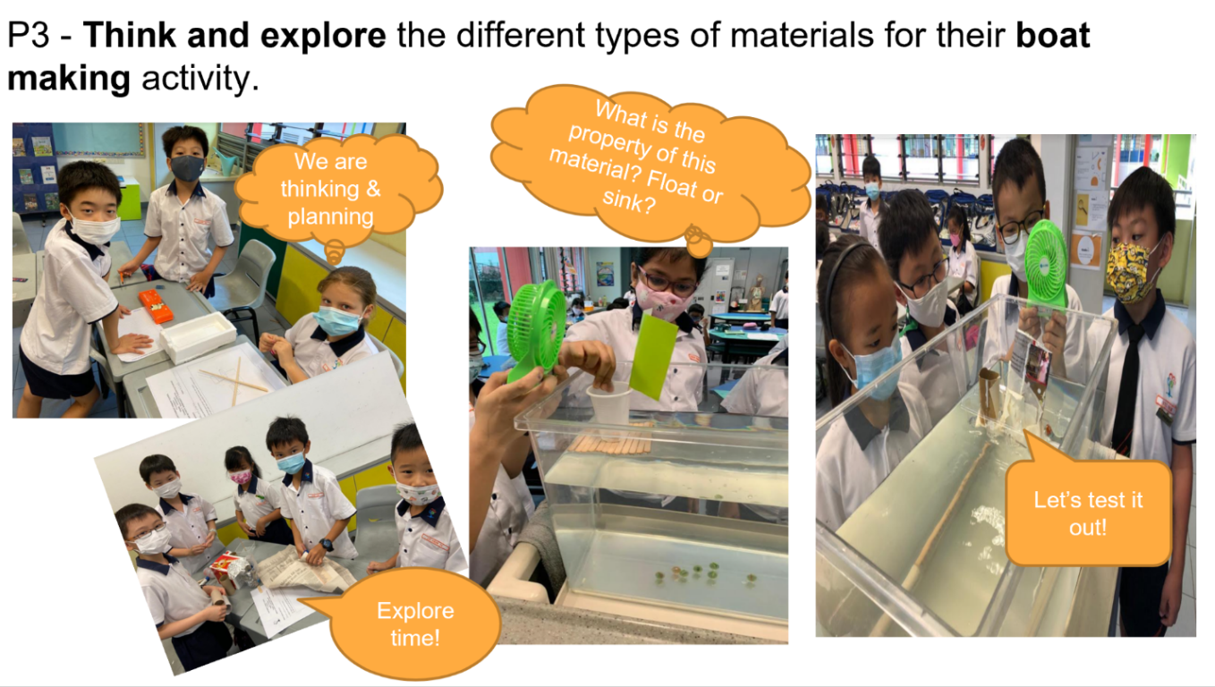 Primary 3 students explore boat-making materials, testing if objects float or sink in water tanks.