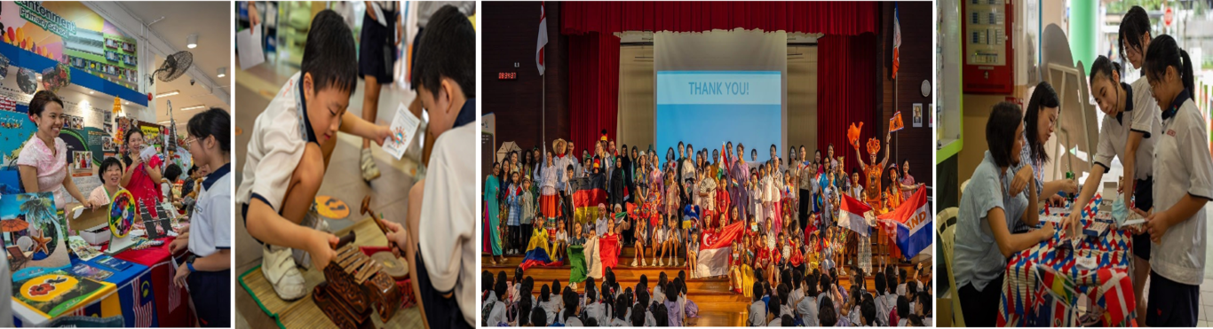 Four-panel collage of a school multicultural event with children exploring exhibits, playing instruments, and a group stage photo.