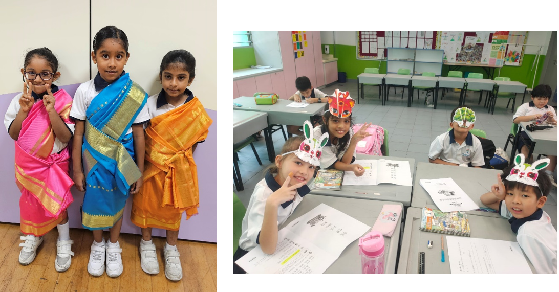 Three girls in colorful saris on the left; children wearing paper animal headbands at classroom desks on the right.
