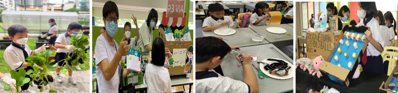 Four school activity scenes: students gardening, a teacher at a booth, kids crafting, and students with a cardboard game.