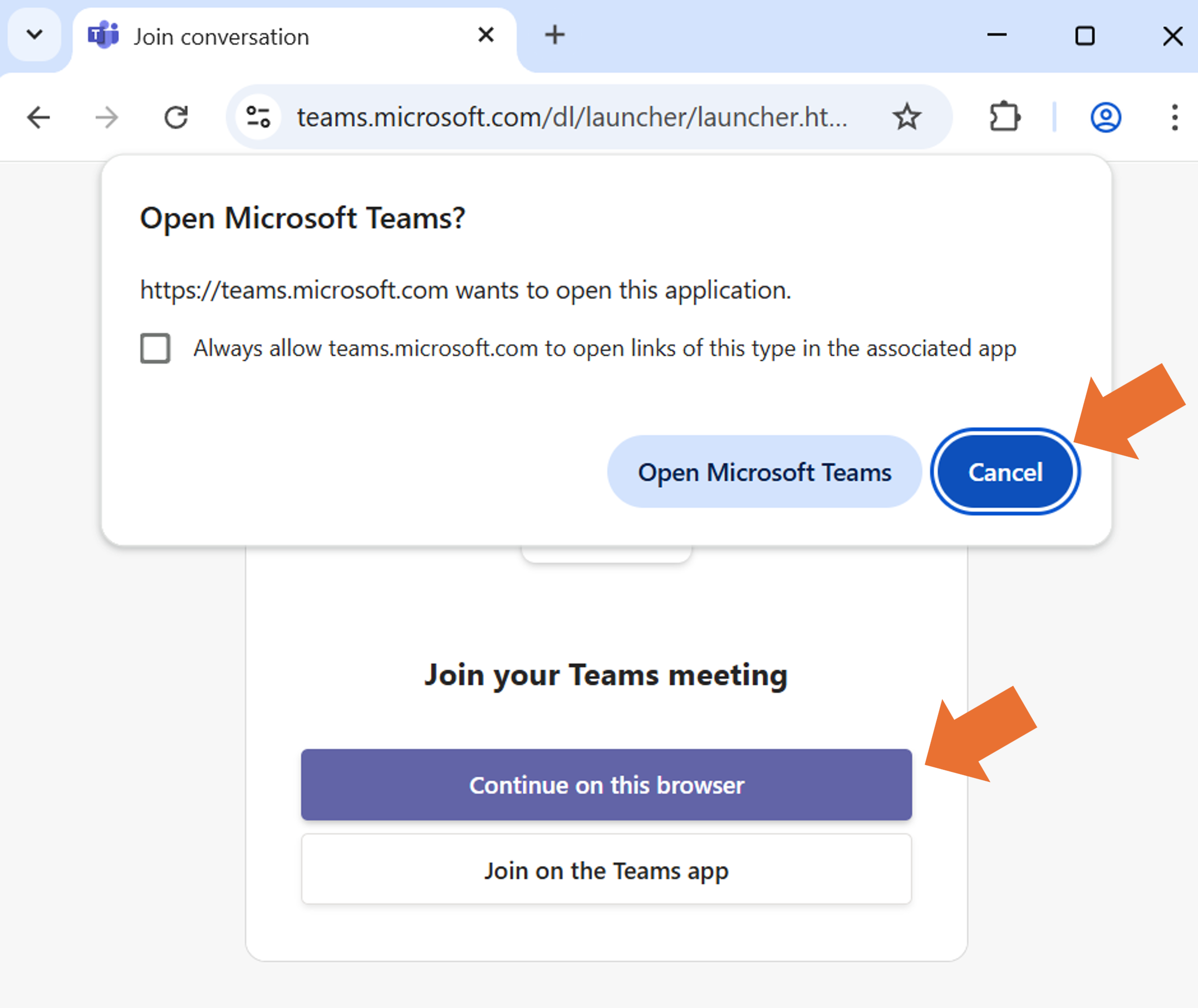 You will be prompted to open it in your desktop Teams Software or to continue in web browser. Click Cancel > Then click Continue on this browser.