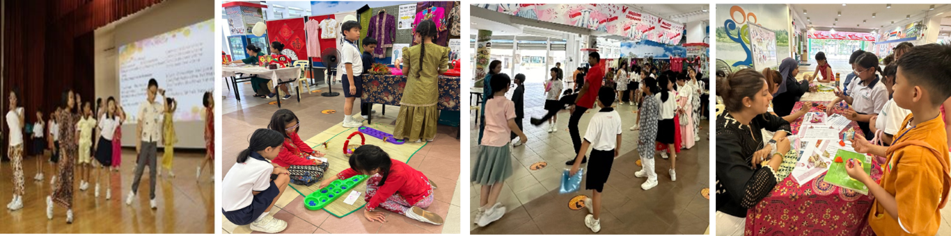 Four scenes of a school multicultural event with children dancing, playing floor games, walking, and viewing display booths.