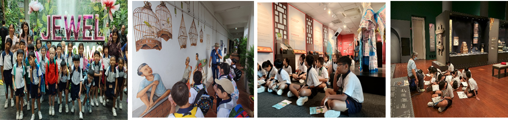 Four scenes of school children on field trips, including a Jewel sign, a mural, and two museum visits.