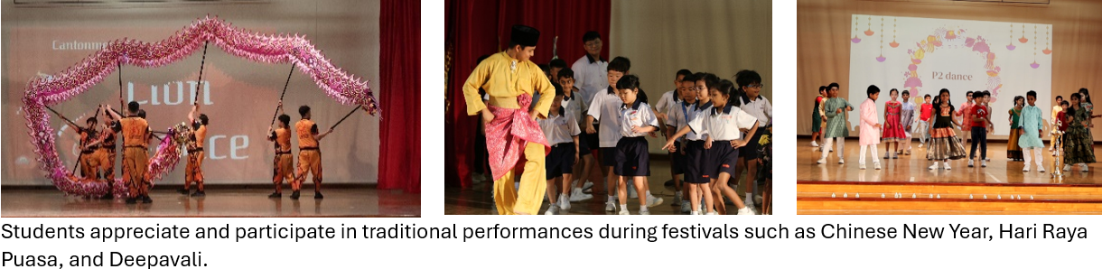 Three school performance scenes: dragon dance, Malay dance, and a Deepavali stage show with children in colorful outfits.