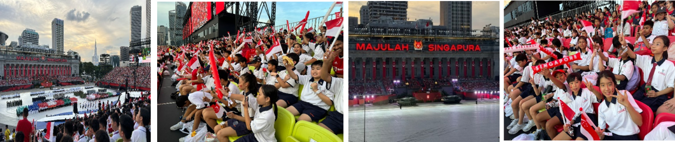 Four photos of Singapore's National Day Parade showing children waving flags in stands and a lit stadium with "Majulah Singapura."