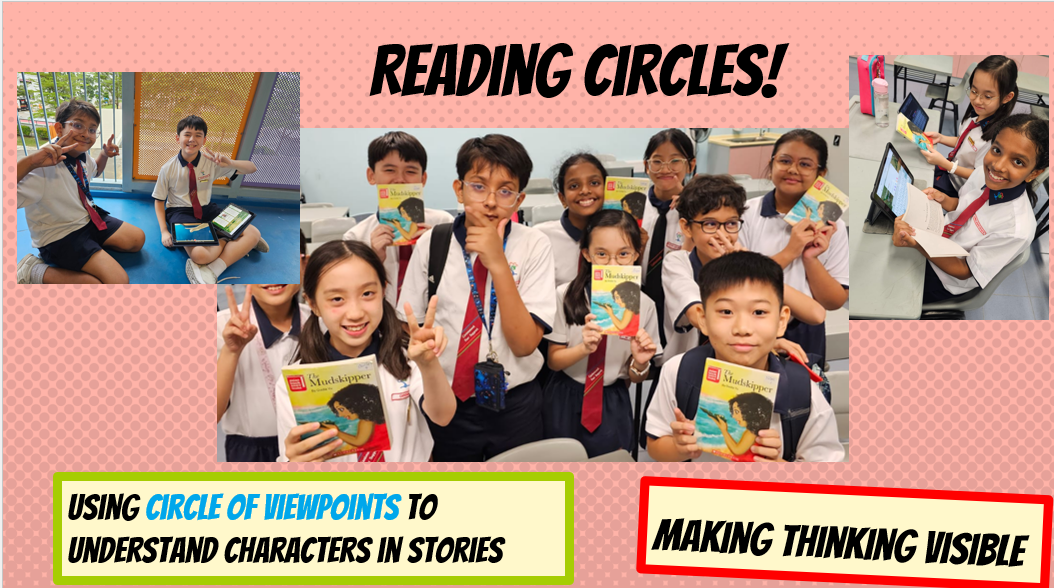 Students in school uniforms hold books titled "Mudskipper" during a Reading Circles activity making thinking visible.