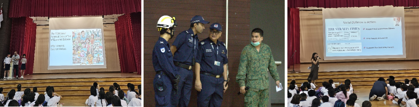Three school assembly scenes showing students seated, projection screens with slides, and teachers in SCDF, police and SAF uniforms