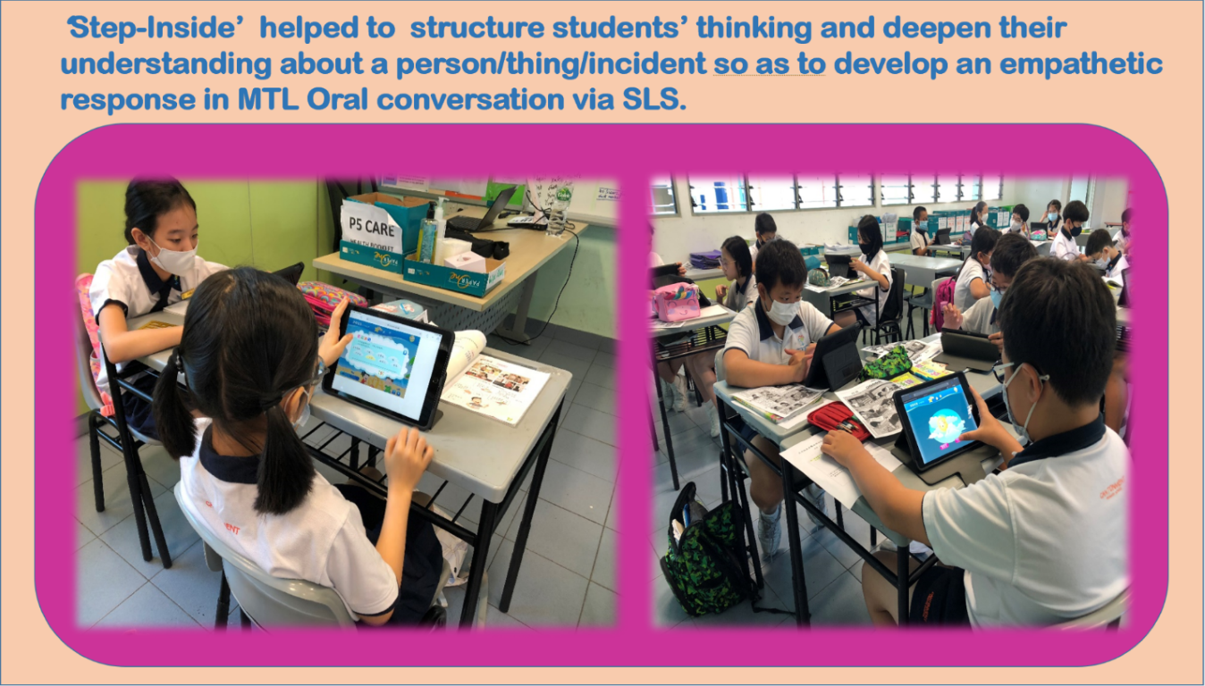 Students use tablets at school desks during a Step-Inside MTL oral conversation via SLS.