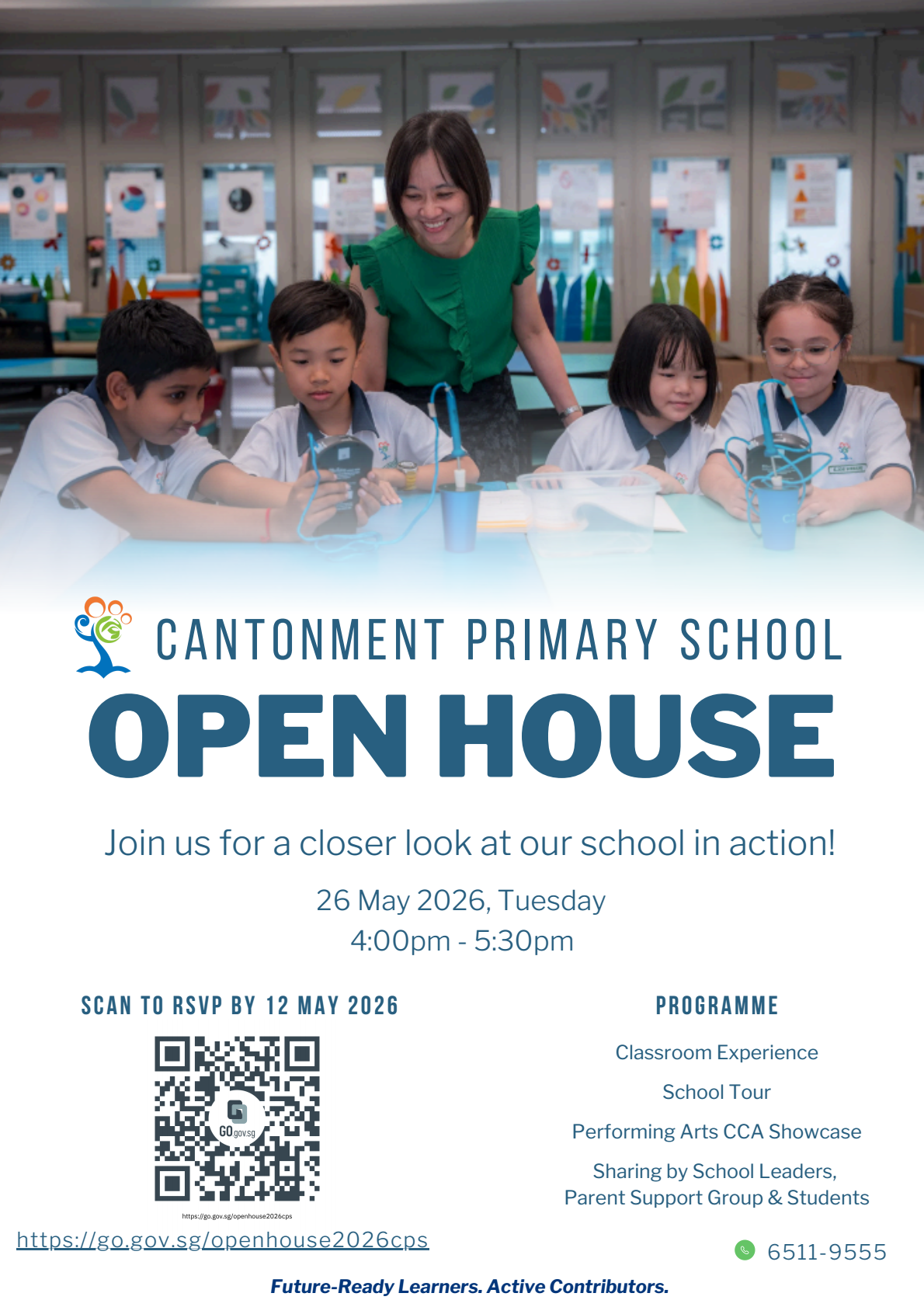 Cantonment Primary School Open House flyer dated 26 May 2026, showing a teacher with four students at a table.