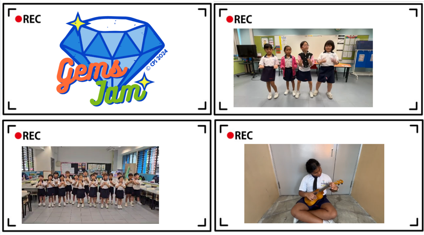 Four recording frames showing Gems Jam 2024 logo, students dancing, a class group, and a child playing ukulele.