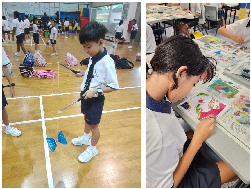 Two school scenes: a boy playing with a diabolo in a gym, and a girl painting at a classroom table.