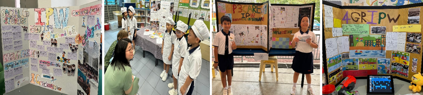 Students present IPW project boards; scenes include chef-dressed kids, a presenter, and colorful display panels.