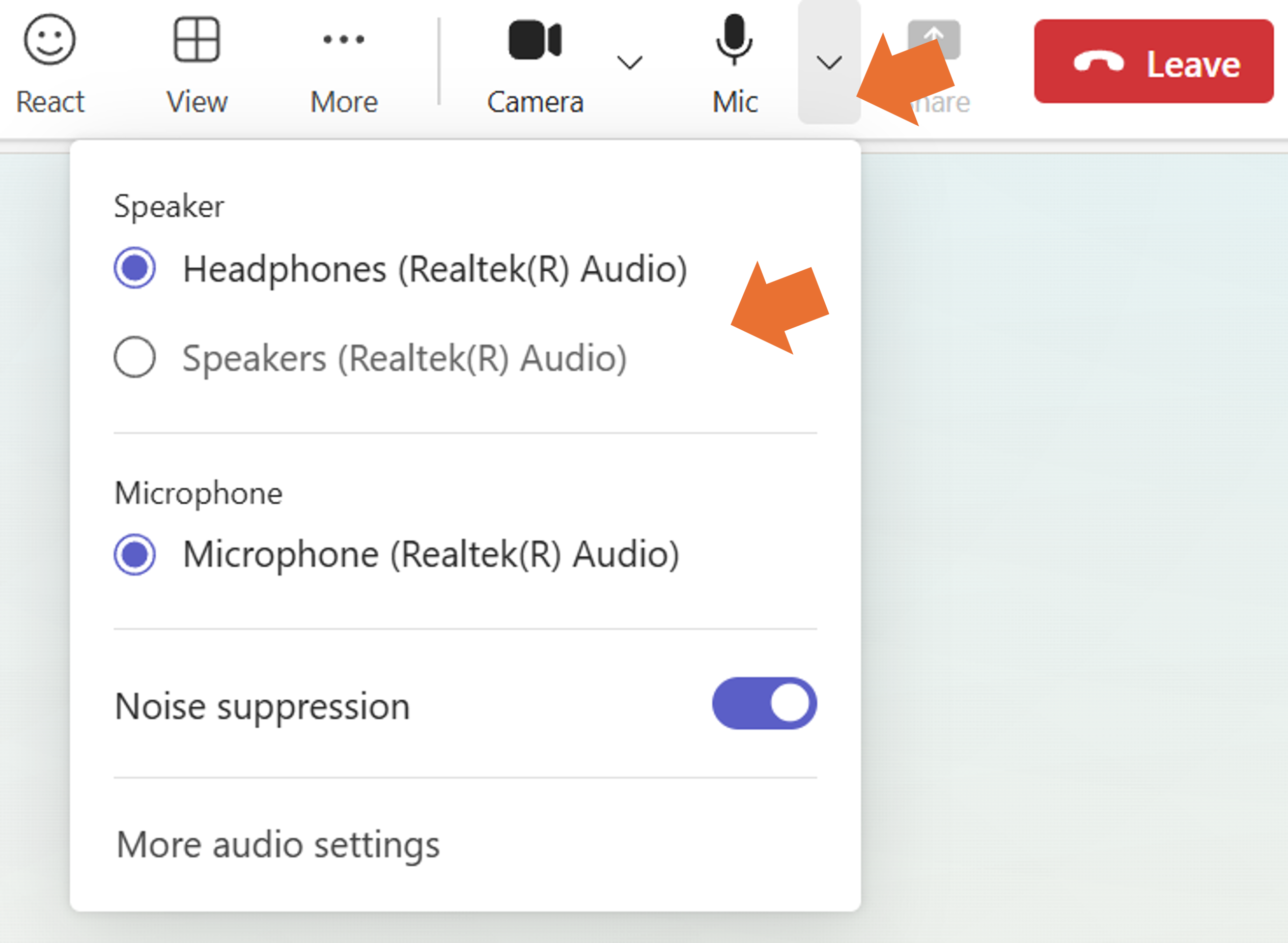 Press the down arrow beside the mic to change the speaker settings of your computer.