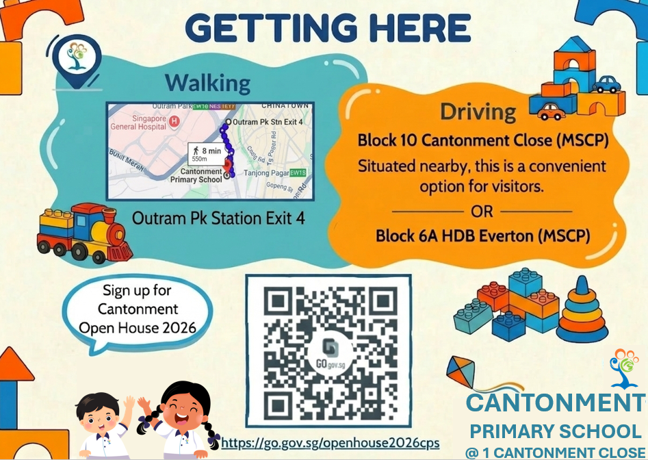 Cantonment Primary School open house flyer showing walking and driving directions, a QR code, and two cartoon children.