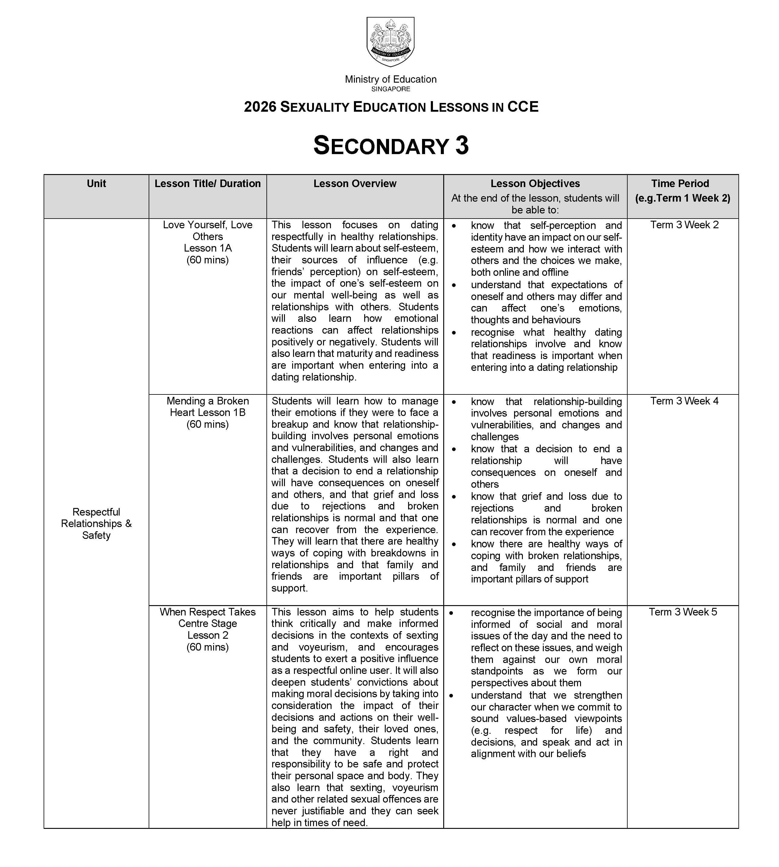 2026 Secondary 1 Sexuality Education Lessons in CCE: Level 3