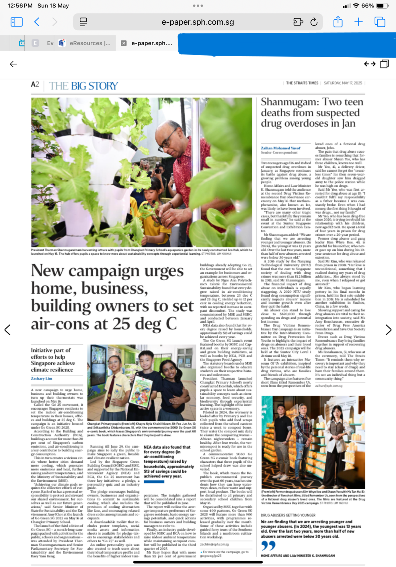 Straits Times newspaper page A2 showing two news articles with photos of people and children outdoors.