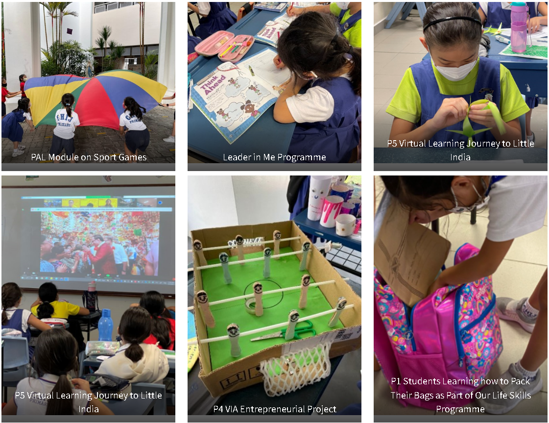 Six school activity photos showing parachute games, reading, crafts, a virtual lesson, a foosball project, and bag packing.