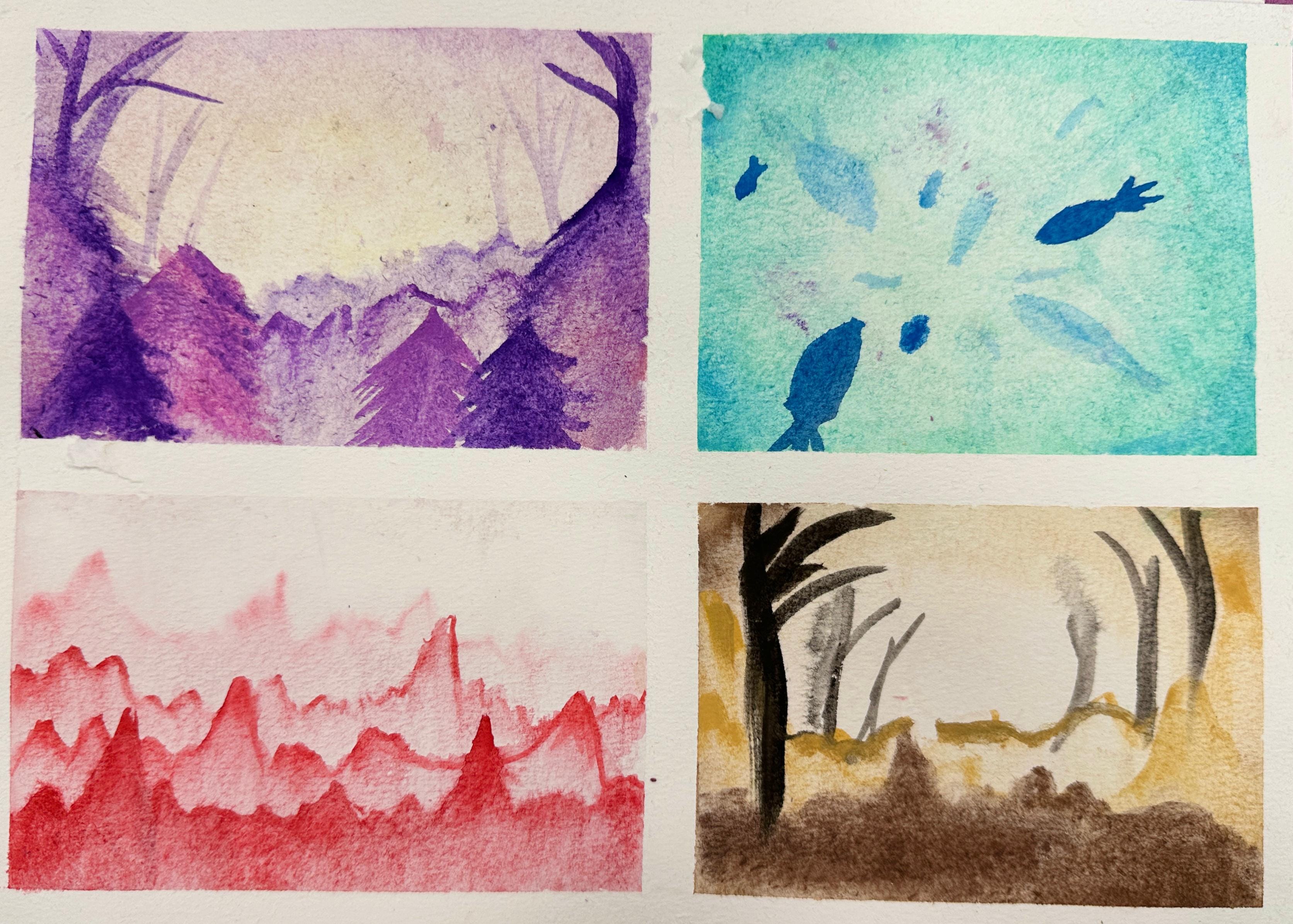 Four small watercolor paintings: purple forest, teal underwater fish scene, red mountains, and golden-brown tree landscape.
