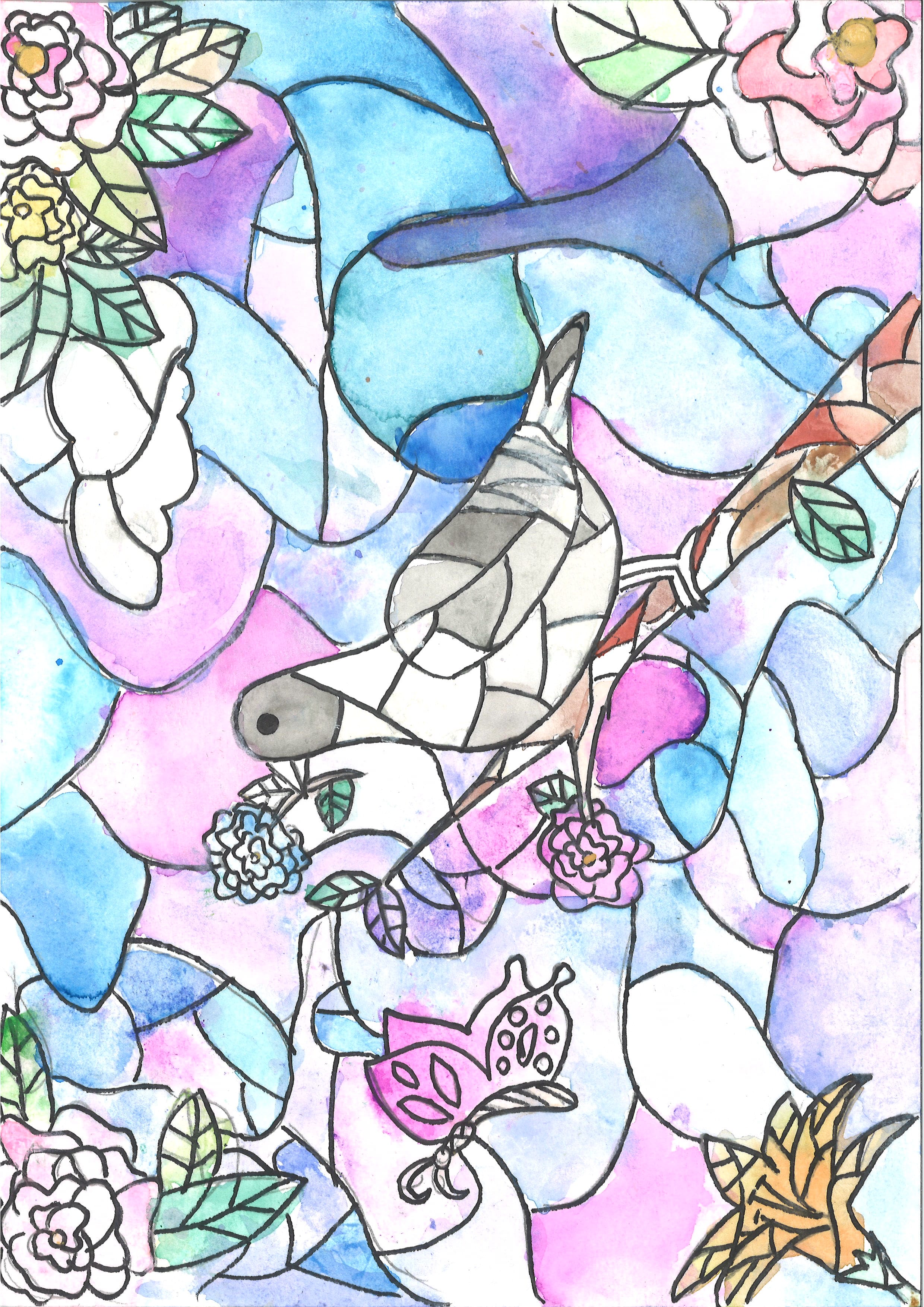 Watercolor drawing of a gray bird perched among flowers, butterflies, and pastel blue, pink, and purple shapes.